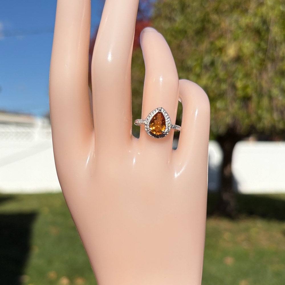 Pear Cut 1.40 ct Natural Citrine & Diamond Accent Halo Sterling Ring Size 7 - Picture 12 of 17